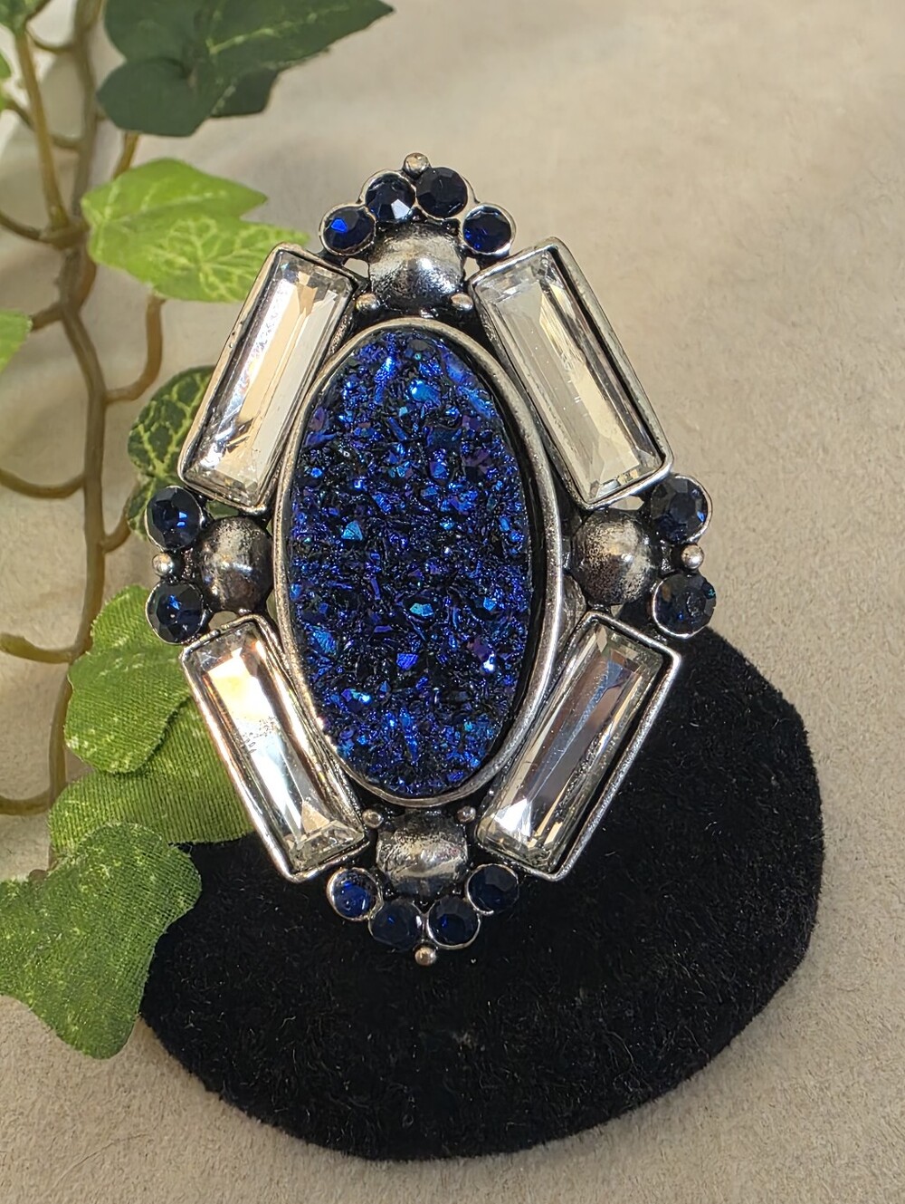Antique Silver Blue Sparkle Faux Faux Gem Oval Statement Ring Baguette Accents